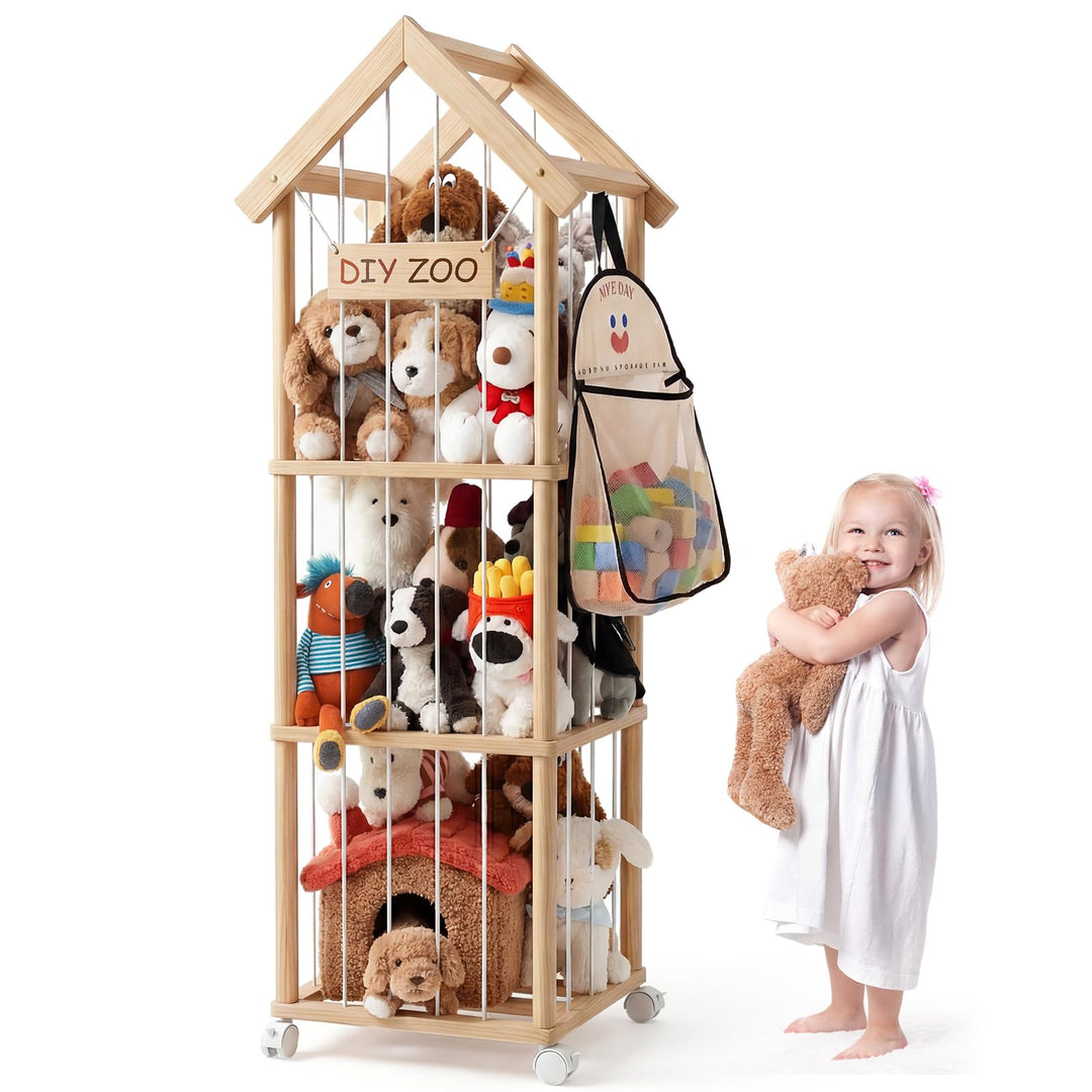 Kuscheltier Aufbewahrung, Holz Stofftier Aufbewahrung, 146*42*42CM Plüschtier Lagerung Organizer Mit