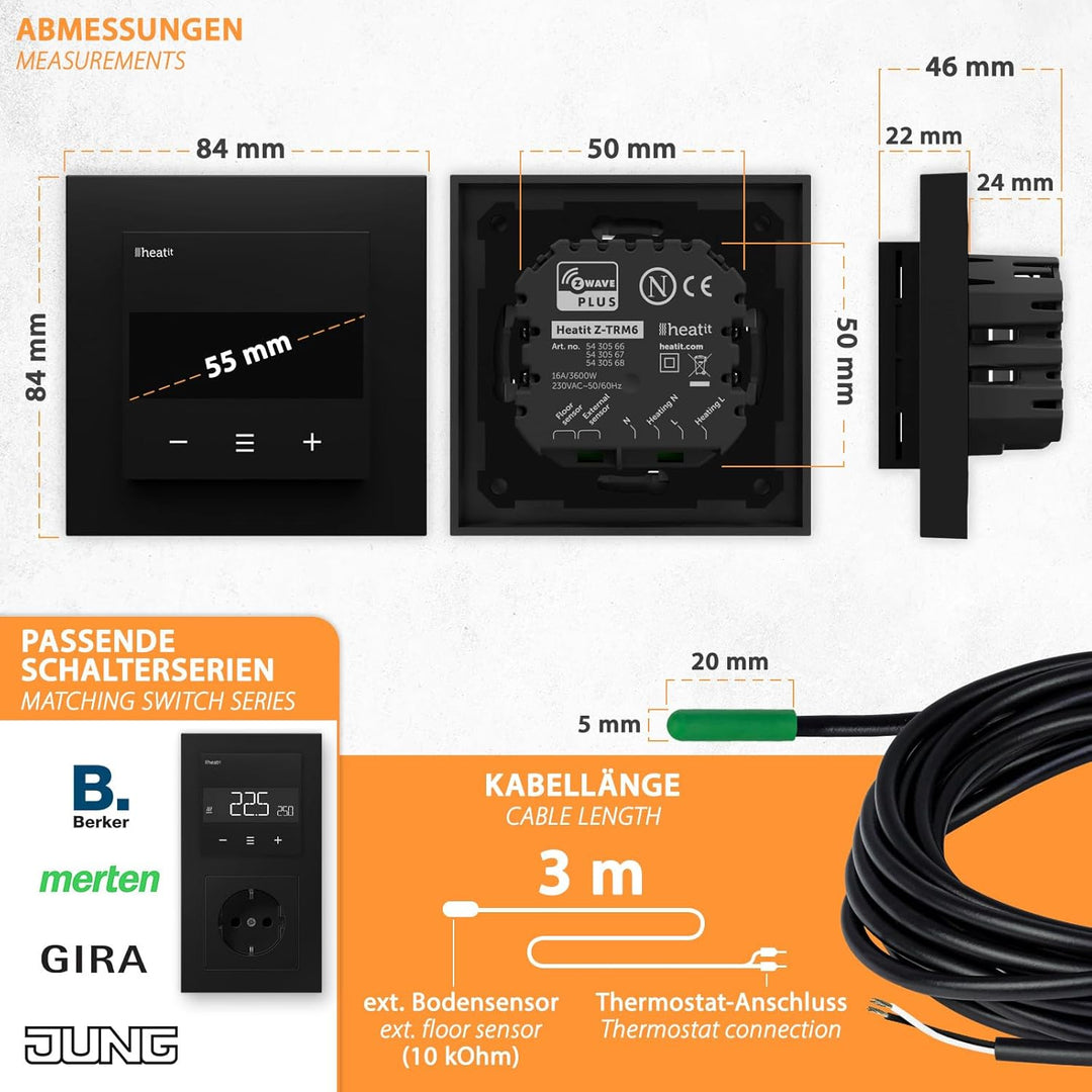 Heatit Z-TRM6 Z-Wave Plus Thermostat Raumregler mit EXT. Sensor für Fussbodenheizung elektrisch und