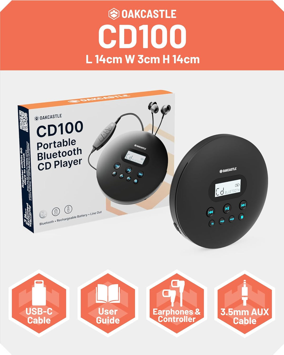 Oakcastle CD100 Tragbarer Retro-CD-Player mit Bluetooth, inklusive Kopfhörer mit Kabel, Kleiner CD P