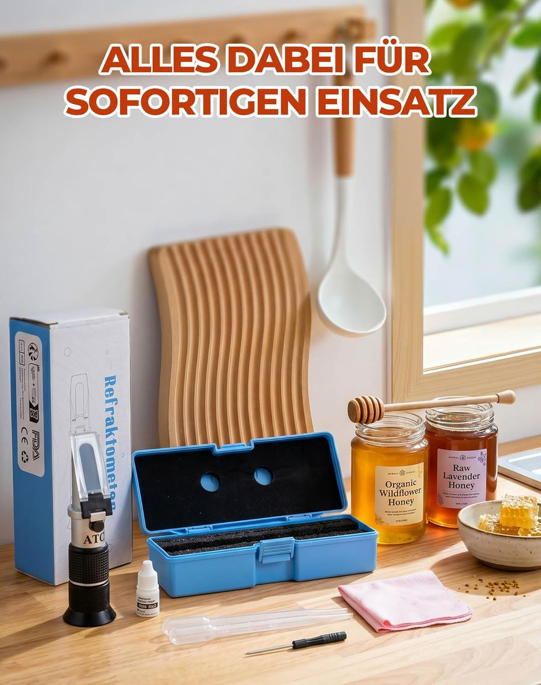 LAOYE 3IN1 Refraktometer Honig Wassergehalt 12-27% Brix 58–92% Baumé 38-43°Bé Imker Refraktometer Ho