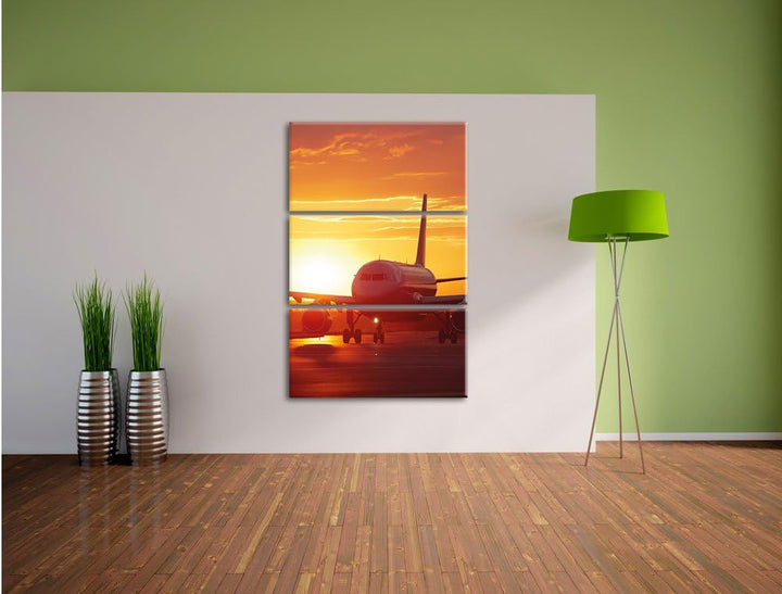 Pixxprint Flugzeug im Sonnenuntergang 3Teiler 120x80 cm Leinwandbild Wandbild Kunstdruck