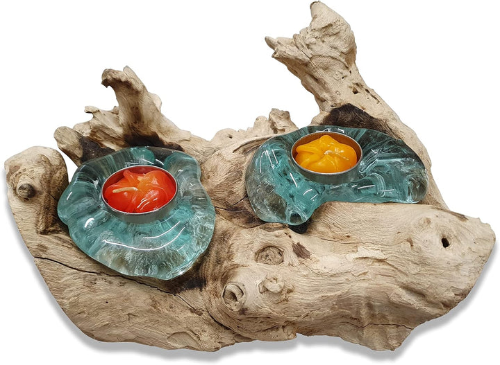 Geschmolzenes Glas auf Wurzelholz Teelichthalter | individueller Kerzenständer mit 1-3 Lichter (2er