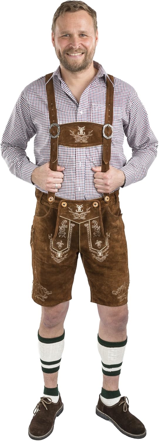 Herren Lederhose kurz - Alpenjäger Trachtenlederhose inkl. Hosenträger – Trachtenhose aus Echt-Leder