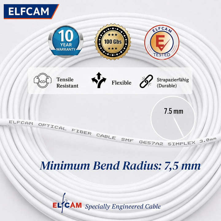 Elfcam - 50m Glasfaser-Kabel LC/APC auf SC/UPC Stecker für FRITZ!Box, Simplex Singlemode 9/125μm OS2