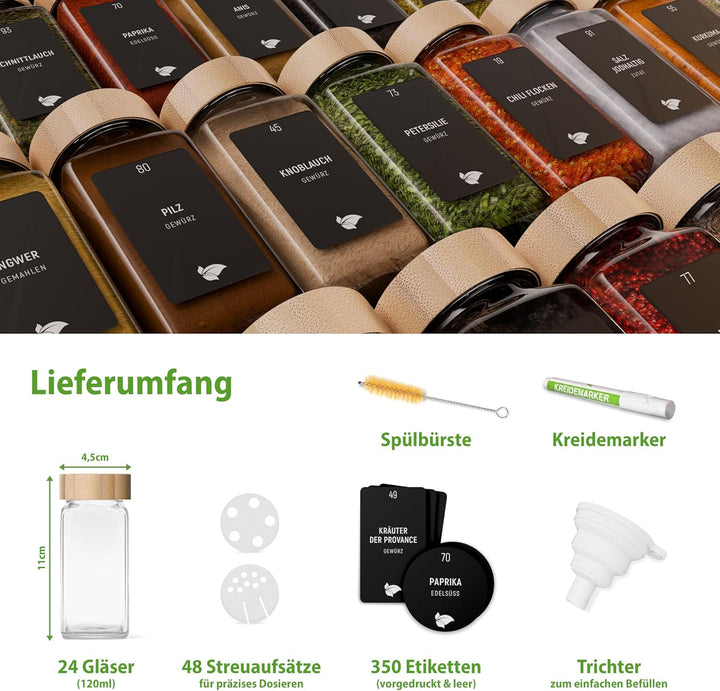 LAEVU Gewürzgläser Set Eckig | 24 Stk. 120ml - 11,1 x 4,5 cm | Gewürzstreuer Bambus mit 350 Gewürzet