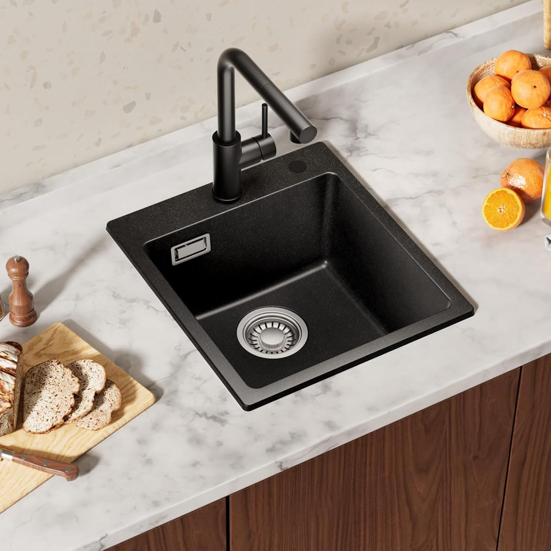 CECIPA Spülbecken Schwarz Granit 40x45cm, Spüle Schwarz, Küchenspüle Rechteckig, Moderne Einbauspüle