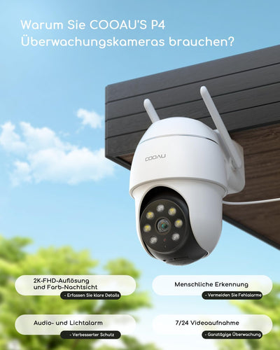 COOAU 2K Überwachungskamera Aussen WLAN,355°/90°Schwenkbar IP Kamera Outdoor mit Mensch Bewegungsmel