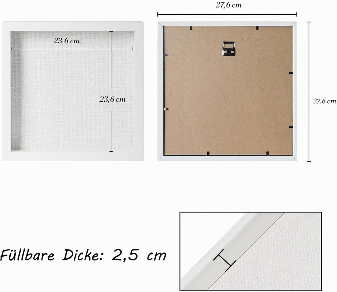 Muzilife 3D Bilderrahmen zum Befüllen mit Glasscheibe 28x28 cm-Tiefer Holz Rahmen Weiss, Objektrahme