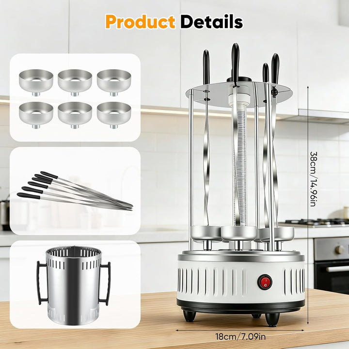 Vertikaler Elektrischer Grill, 1000W Elektrogrill Schaschlikgrill mit 6 Spiesse, Rotierende Grill fü
