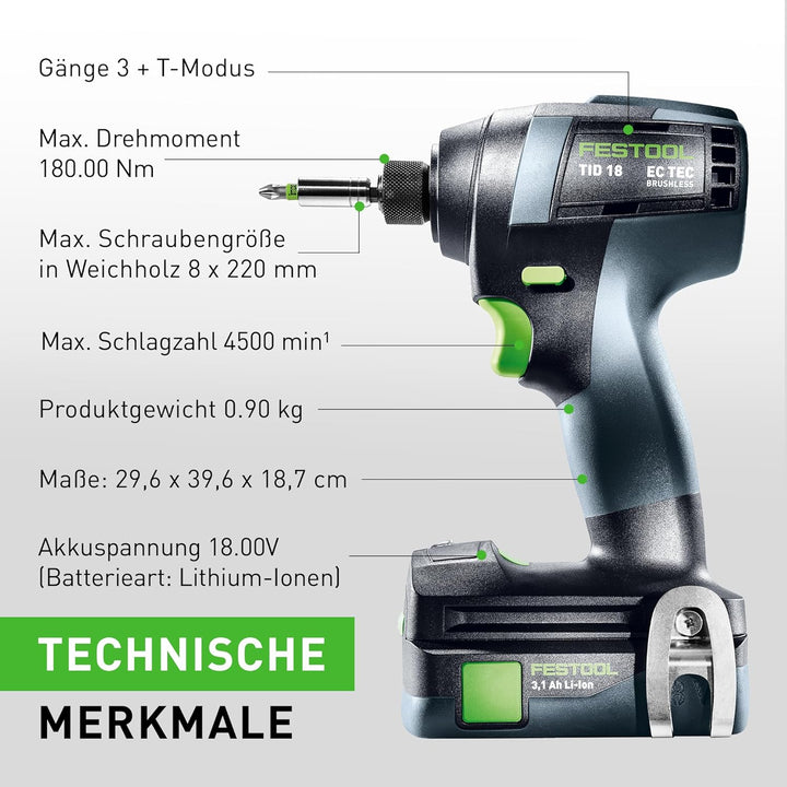Festool Akku-Schlagschrauber TID 18 HPC 4,0 I-Plus (mit Akkupacks BP 18 Li 4,0, Schnellladegerät, Gü