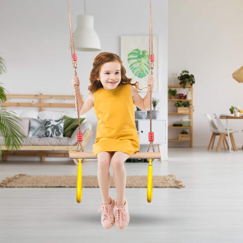 PELLOR Multifunktions Kinderholz Trapeze Schaukel mit Kunststoff Turnringe zum Aufhängen belastbar b