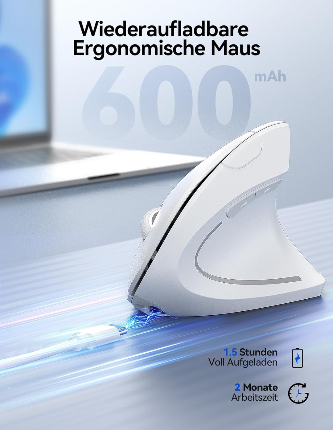 TECKNET Wiederaufladbar Ergonomische Maus Kabellos, 2.4G Optische Vertikale Maus Ergonomisch, 5 Eins