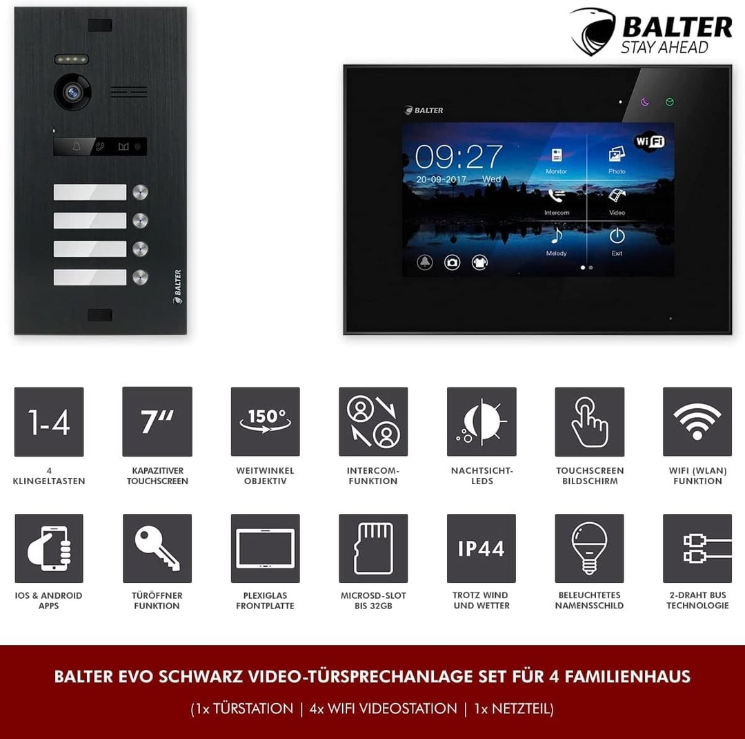 Nonic Balter EVO Video-Türsprechanlage WLAN Set 4 Familienhaus (1x Türstation mit Kamera Schwarz, 4X