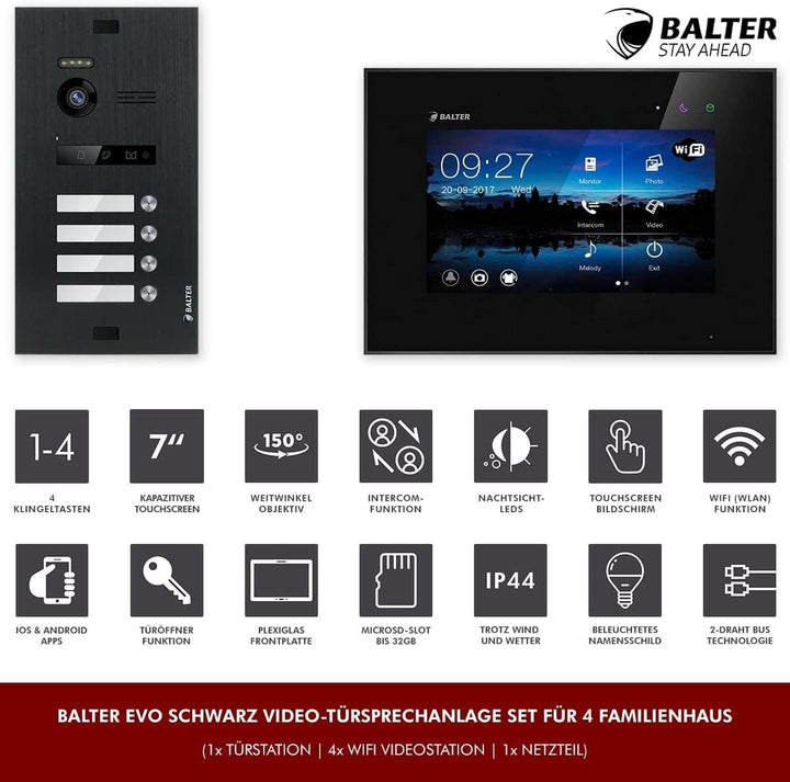 Nonic Balter EVO Video-Türsprechanlage WLAN Set 4 Familienhaus (1x Türstation mit Kamera Schwarz, 4X