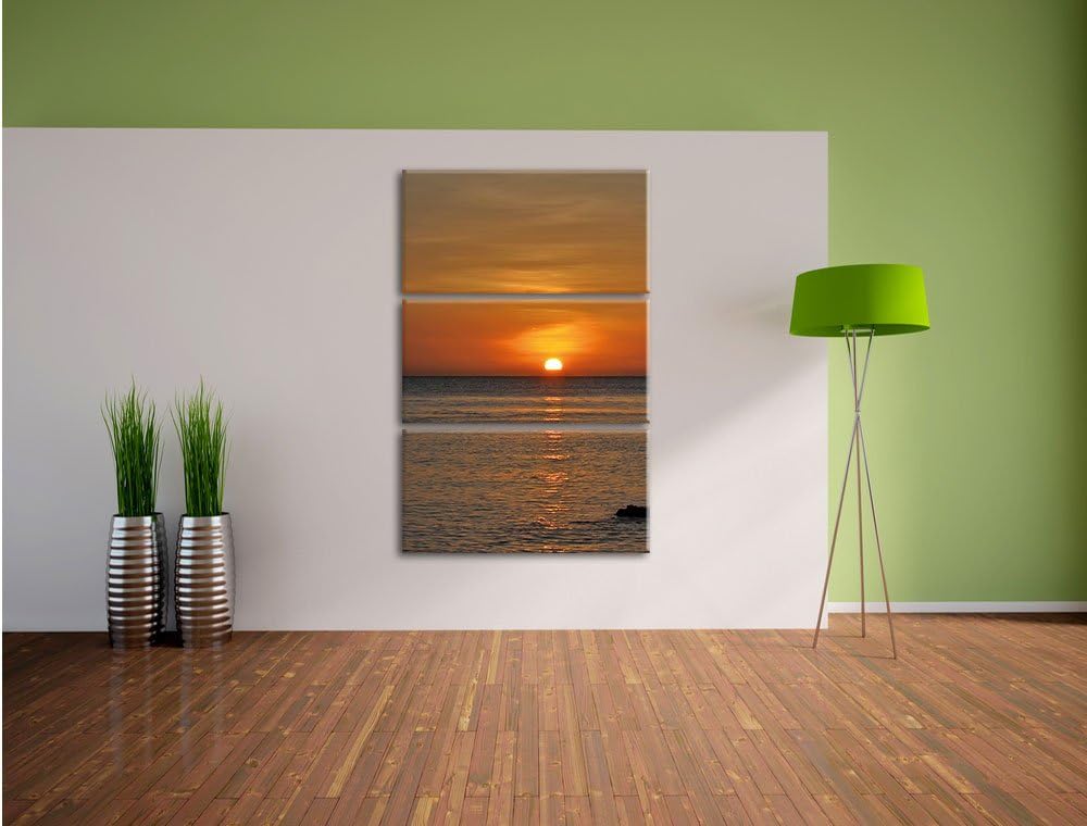 Pixxprint Sonnenuntergang am Meer 3-Teiler Leinwandbild 120x80 Bild auf Leinwand