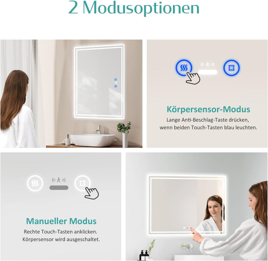 EMKE Sensor Spiegel mit Beleuchtung 80x60cm LED Badspiegel mit Bewegungssensor, Touch, Beschlagfrei,