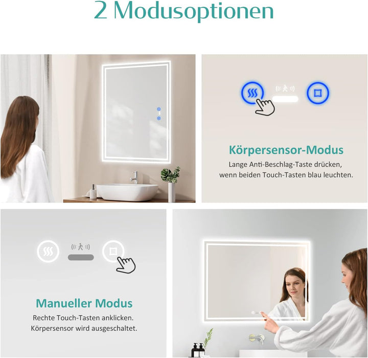 EMKE Sensor Spiegel mit Beleuchtung 80x60cm LED Badspiegel mit Bewegungssensor, Touch, Beschlagfrei,