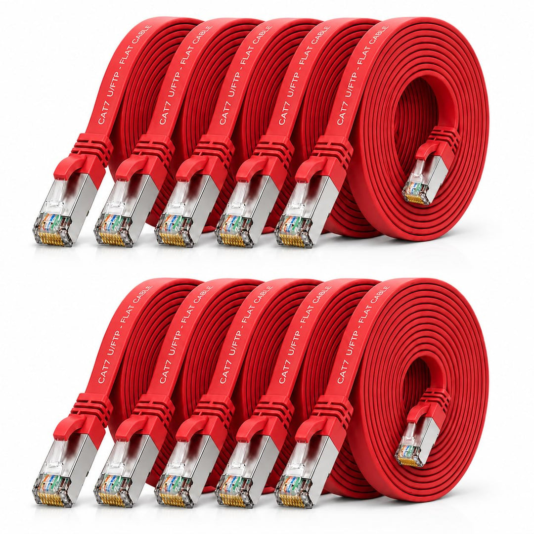 10m - rot - 10 Stück CAT.7 Gigabit Ethernet LAN Flachband Flachbandkabel (RJ45) Netzwerkkabel Rohkab