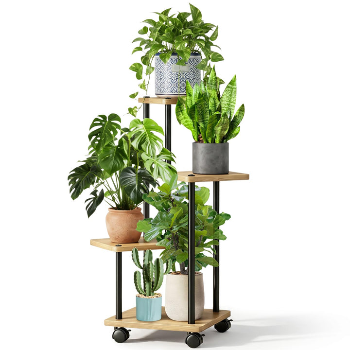 Blumenständer mit Rollen, 4 Etagen Pflanzenständer aus Metall und Holz, Platzsparend Indoor Pflanzen