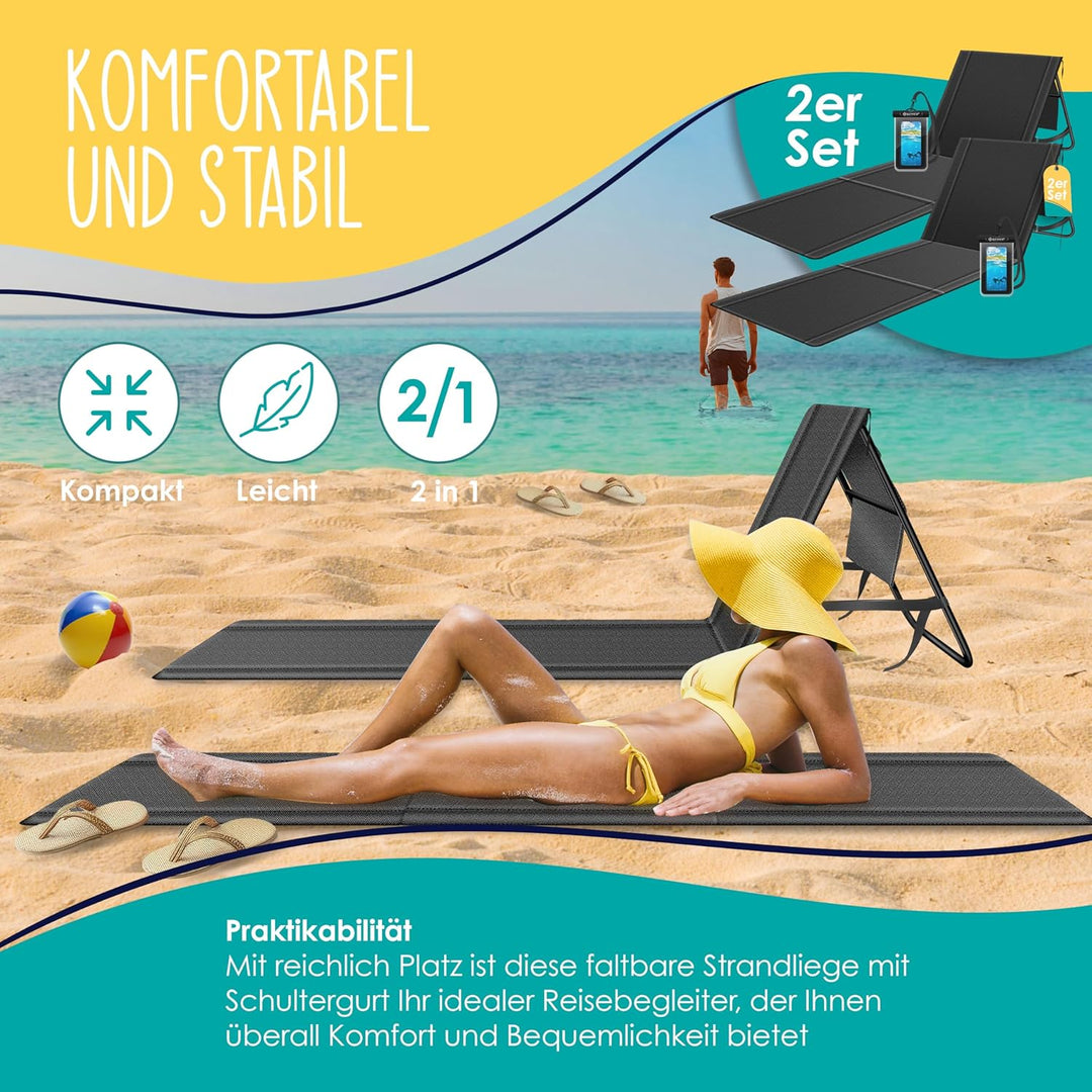 KESSER® 2er Set Strandmatte klappbar mit Verstellbarer Rückenlehne, Tragegurt, wasserdichter Tasche