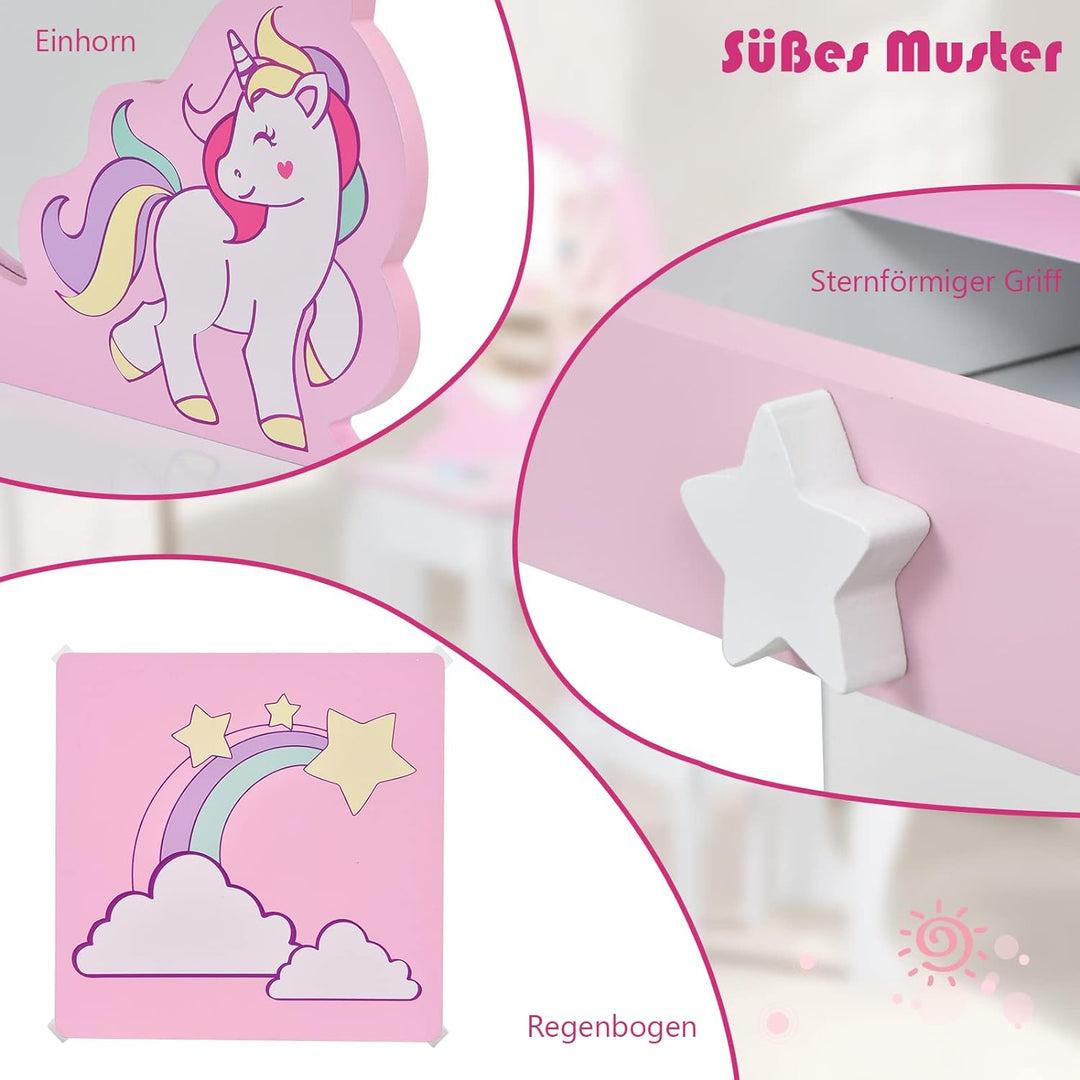 DREAMADE Kinder Schminktisch mit Hocker & Abnehmbarer Spiegel, Frisiertisch für Kinder, Frisierkommo