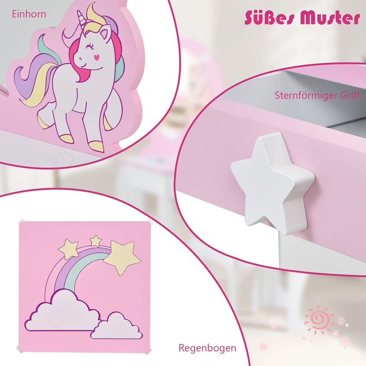 DREAMADE Kinder Schminktisch mit Hocker & Abnehmbarer Spiegel, Frisiertisch für Kinder, Frisierkommo