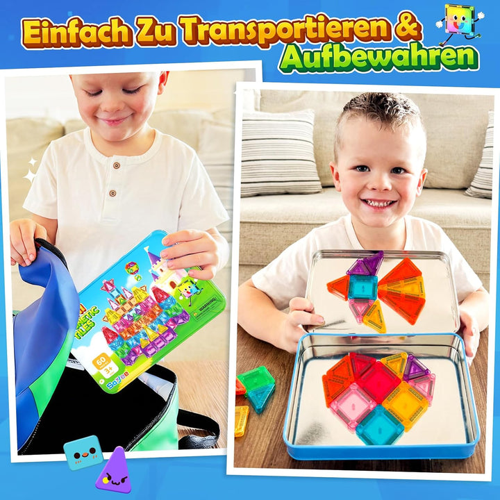 Mini Magnetische Bausteine Reiseset 60PCS mit Metallbox, STEM Lernspielzeug | Tragbares Reisespielze