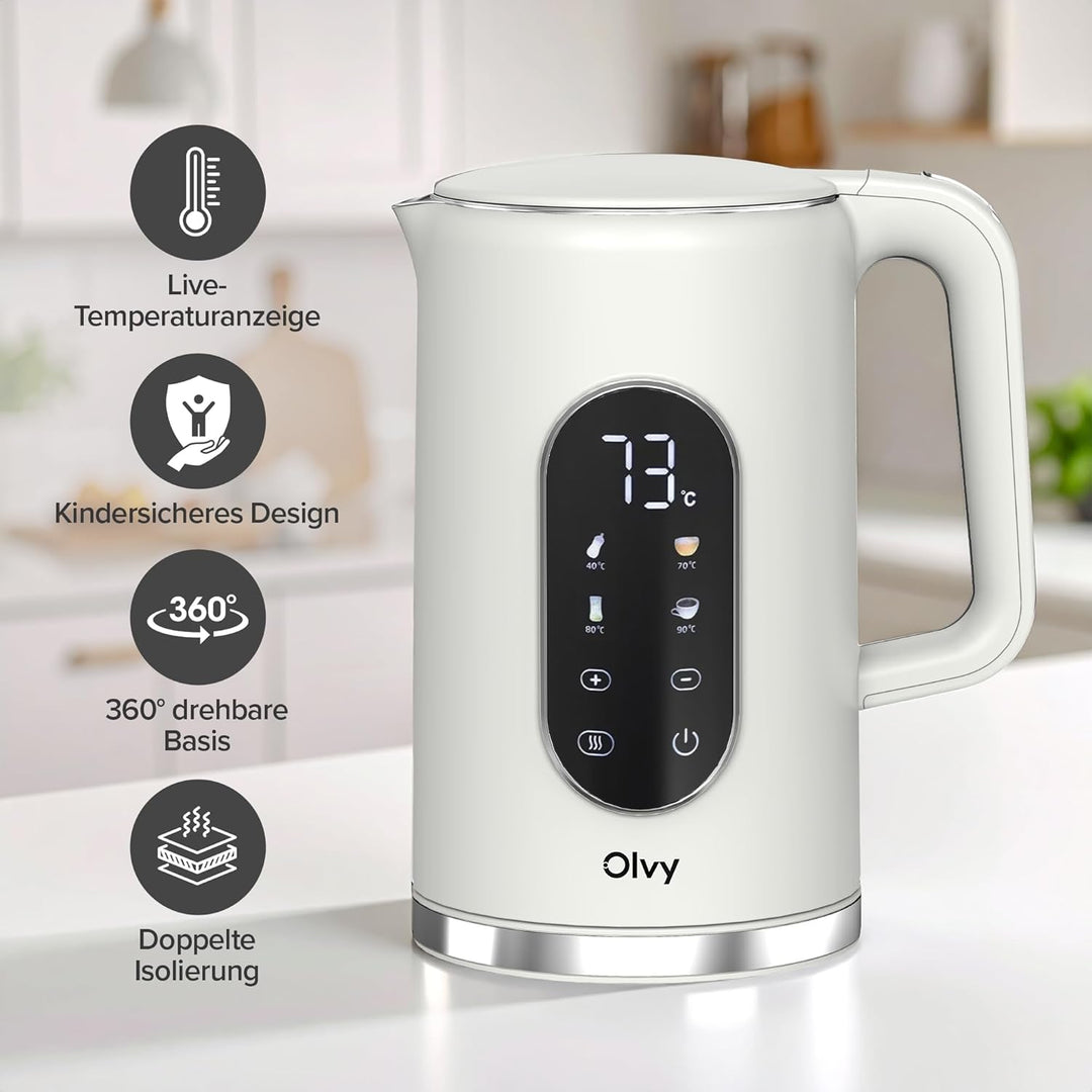 Olvy Elektrischer Wasserkocher 1,7L mit Temperaturkontrolle – Schnellkochender Edelstahl Heisswasser