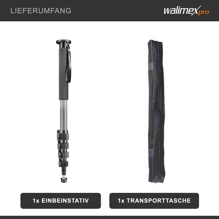 Walimex Pro WAL-1983 Carbon-Pro-Einbeinstativ (185 cm max. Höhe) ohne Kugelkopf, ohne Kugelkopf