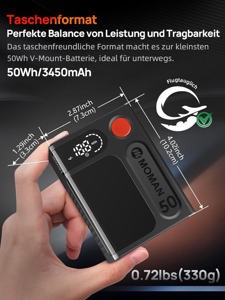 V-Mount Akku, Moman Power 50 Touch Klein V-Lock Batterie 50Wh/3450mAh mit Berührungstaste&LED Bildsc