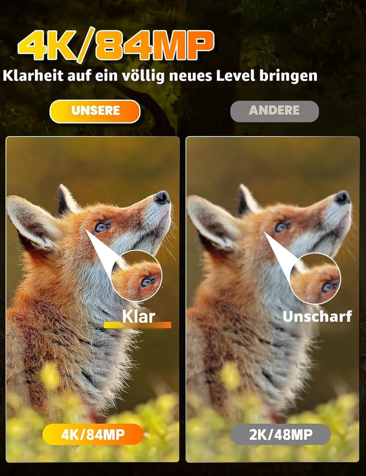 Wildkamera mit Handyübertragung App, 84MP 4K WLAN Wildkamera mit 8 AA-Batterien, 130 ° Weitwinkel Wi