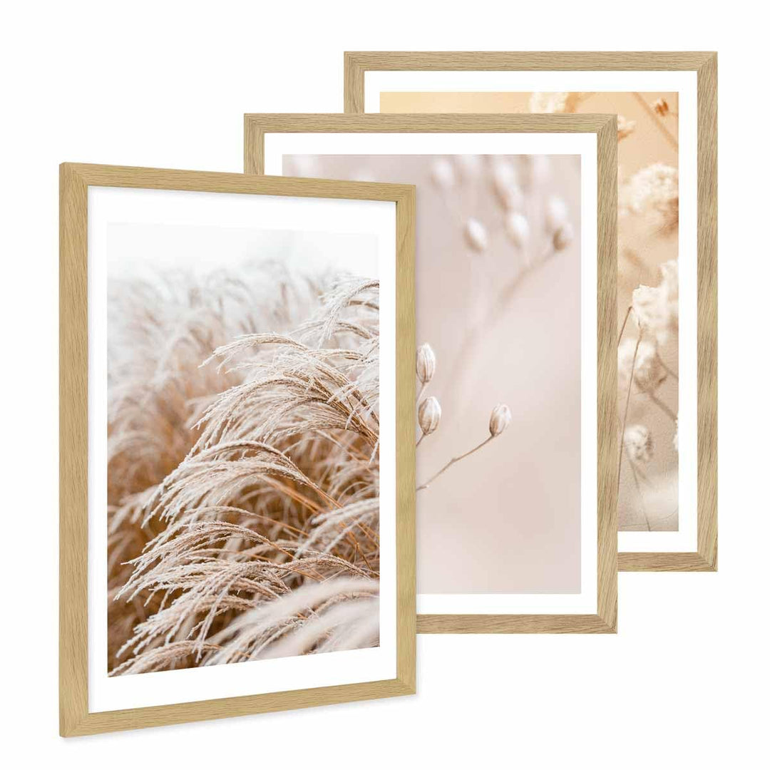 PHOTOLINI Bilderrahmen A2 42x59,4 cm Eiche Massivholz, breite Rahmen, 3er Set, modern, bruchsicheres
