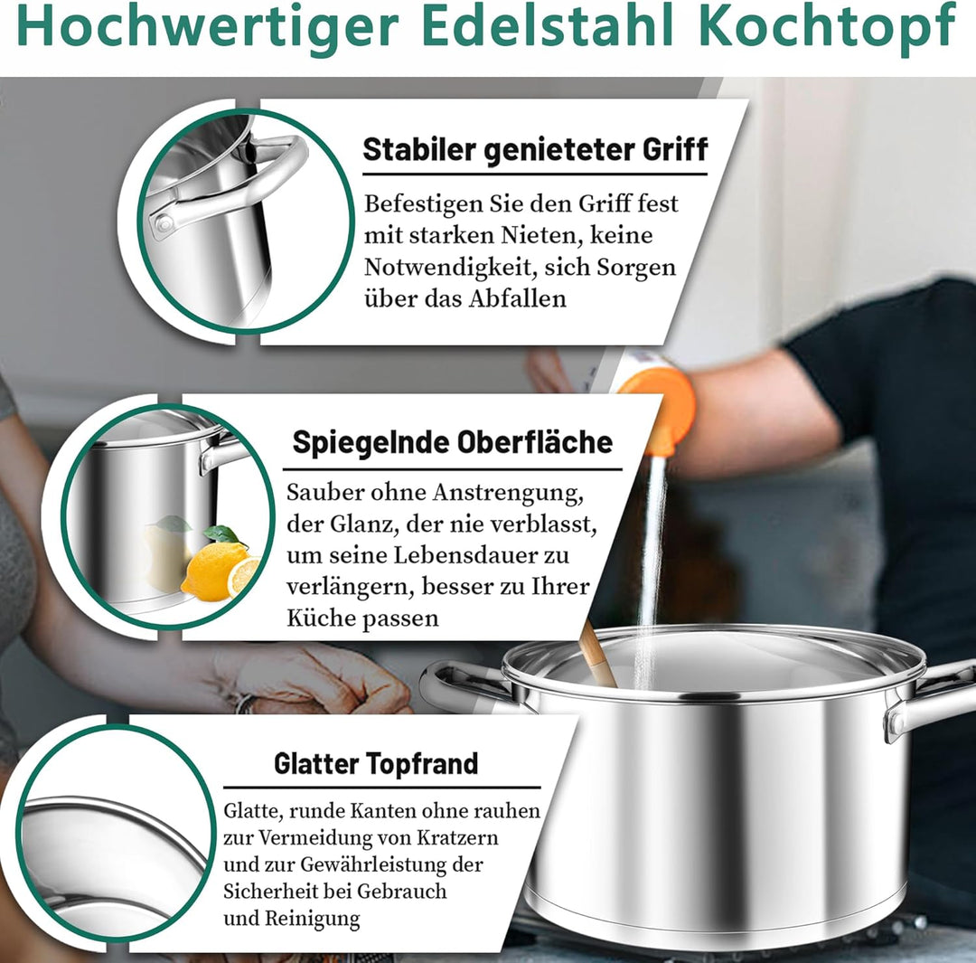 TEAMFAR Kochtopf 24cm, 5,7L Gross Edeastahl Topf Nudeltopf Induktion mit 3-Lagen Boden für alle Herd