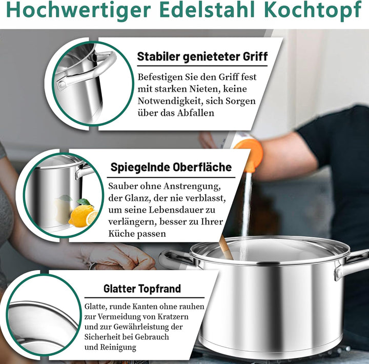 TEAMFAR Kochtopf 24cm, 5,7L Gross Edeastahl Topf Nudeltopf Induktion mit 3-Lagen Boden für alle Herd
