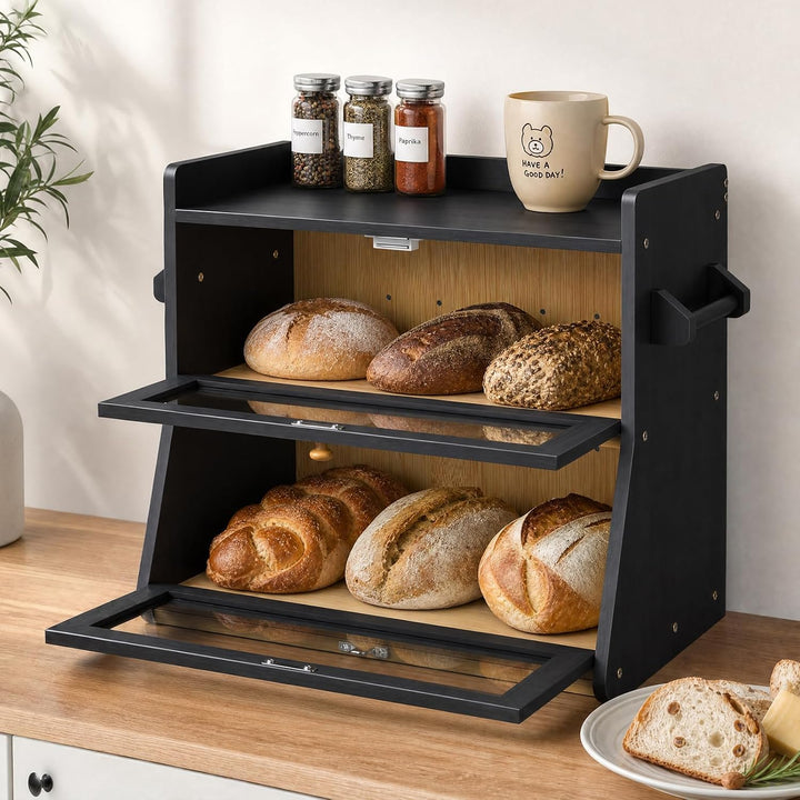 Bambus Brotkasten 2 Etagen Schwarz Brotkorb Holz Natürlich, Schwarz