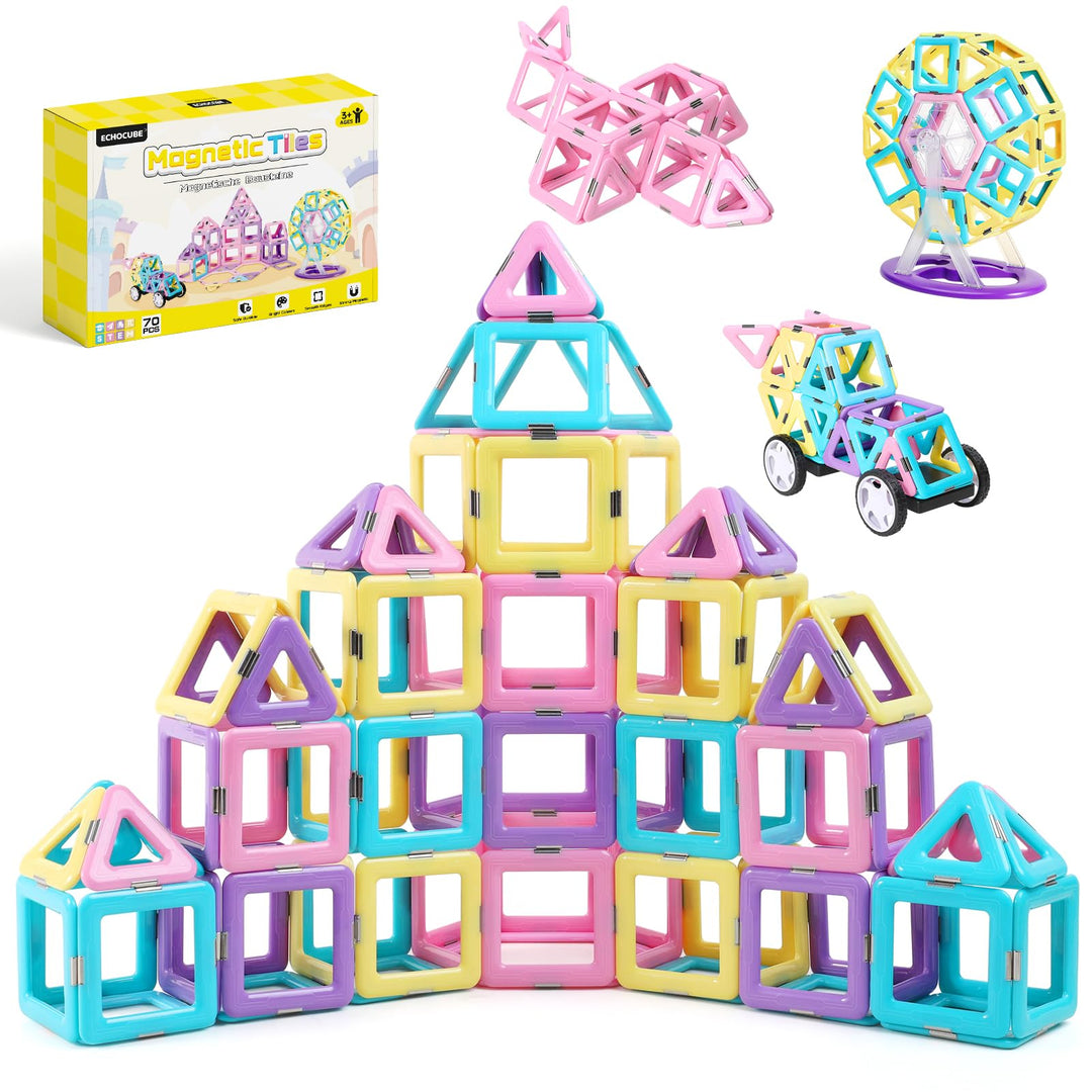 ECHOCUBE Magnetische Bausteine, 70 Teile Magnetische Kacheln mit Magnet Räde Set für Kinder ab 3 Jah
