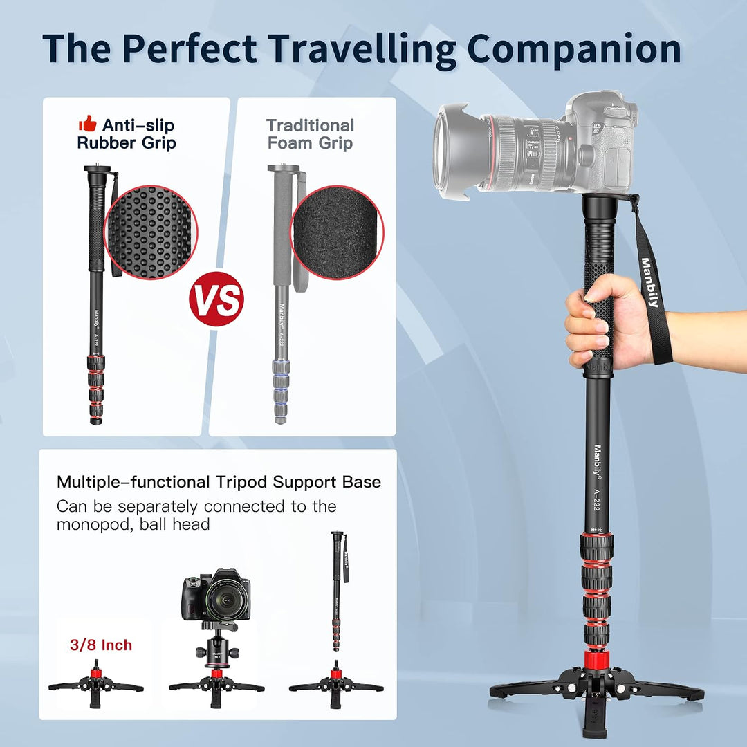 Manbily ausziehbares Kamera-Einbeinstativ aus Aluminium mit Füssen, tragbarer Reise- und abnehmbarer