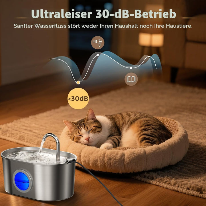 MeowFlow B30 Trinkbrunnen für Katzen, 2,2L Edelstahl-Haustierbrunnen mit sichtbarem Wasserfenster, e