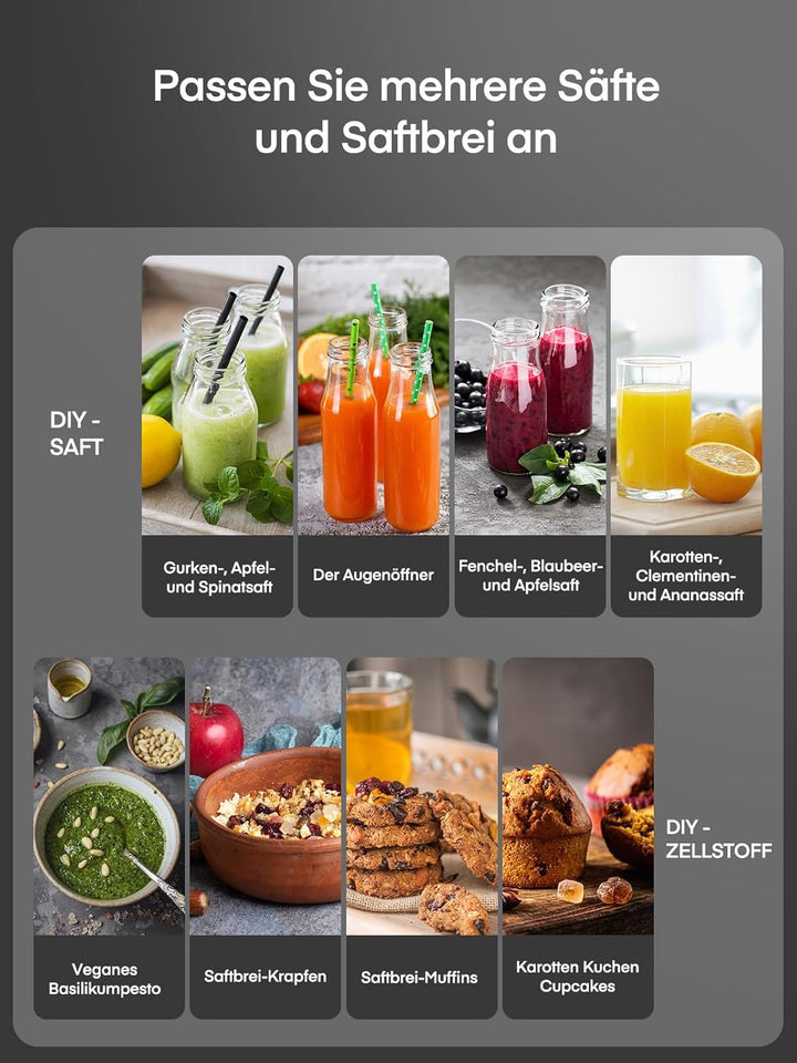 Entsafter Gemüse und Obst, 65 mm Einfüllschacht, 3 Einstellungen, Mit Reinigungsbürste, Leicht zu Re