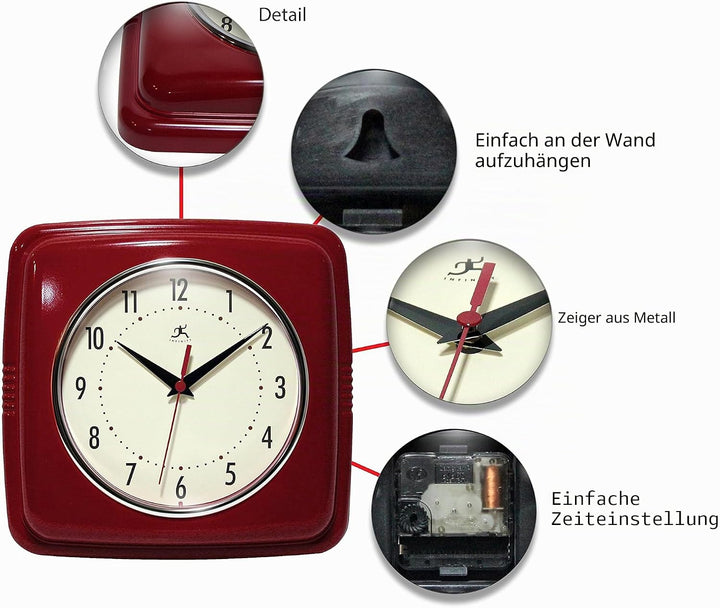 Infinity Instruments Quadratische Wanduhr mit Quarz-Uhrwerk, geräuschlos, 22,9 cm Antik rot, Rot