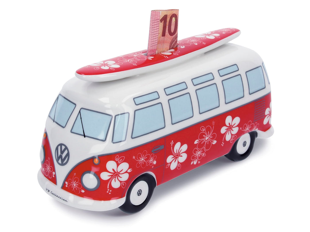 BRISA VW Collection - Volkswagen Spar-Büchse-Schwein-Dose mit Surfbrett im T1 Bulli Bus Samba Design