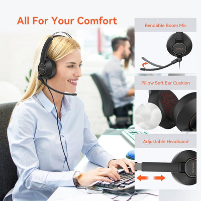 Nuroum HP11-SU USB Headset mit Mikrofon, Kabelgebundene Einzel-Ohr (Mono) Headset mit Komfort, USB-A