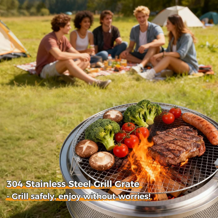 SMOOL 50cm Rauchfreie Feuerschale mit Grillrost + Schürhaken + Mehrzwecktasche, Abnehmbarer Aschekas