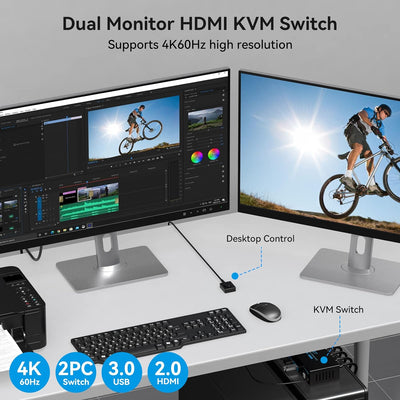 HDMI USB 3.0 KVM Switch 2 PC 2 Monitore 4K@60Hz KVM-Switches für 2 Computer/Laptops teilen sich Dual