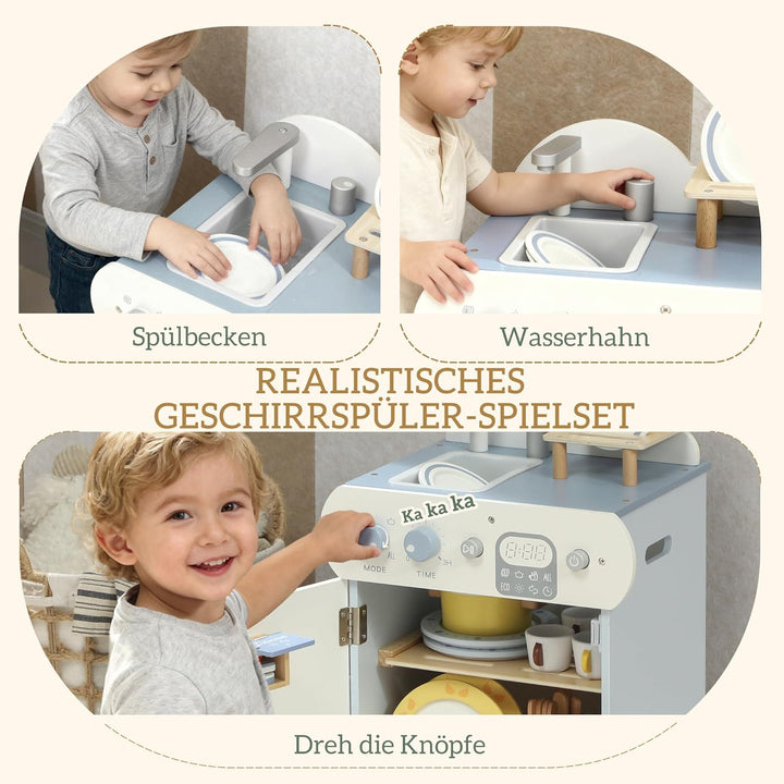 AIYAPLAY Kinderküche aus Holz Spielküche mit Wasserhahn Spüle und Zubehör Holzgeschirrspüler für Kin