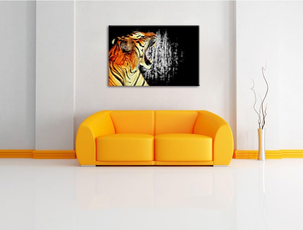 Dark Brüllender Tiger auf Leinwand, XXL riesige Bilder fertig gerahmt mit Keilrahmen, Kunstdruck auf