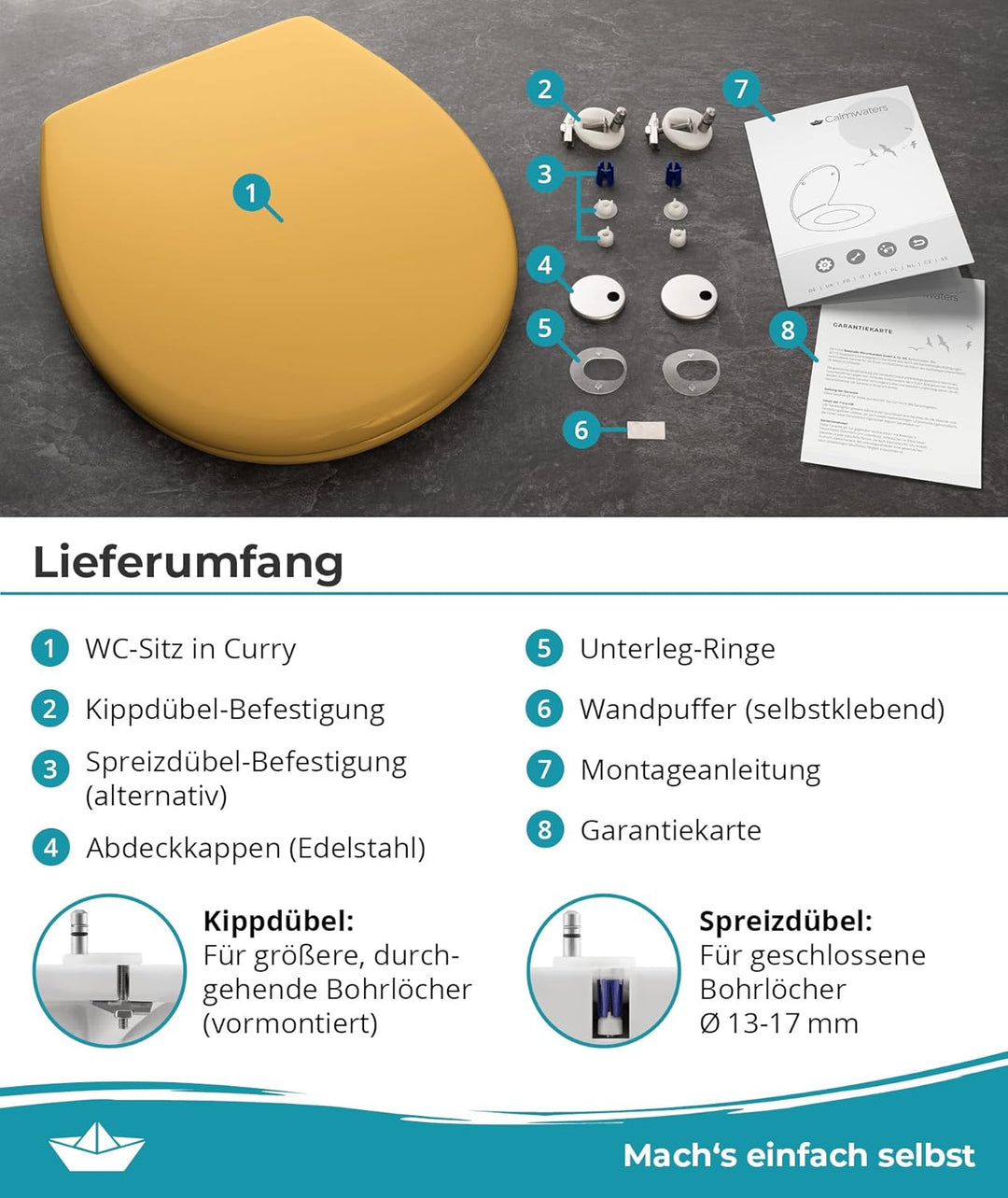 Calmwaters® Premium WC Sitz einfache Montage, Toilettendeckel bis 250 kg, Made in EU, antibakteriell