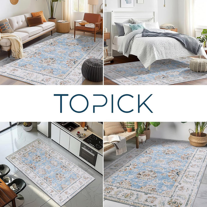 TOPICK Blau Teppich 90x150cm Wohnzimmer Waschbar Superdünne Vintage Blumen Kurzflor Lang Küche Schla