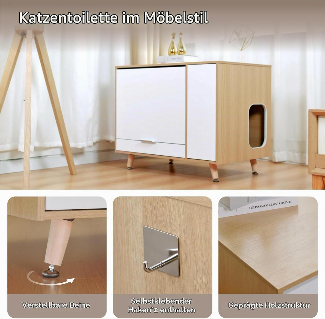 Katzenschrank mit Klappe nach Oben Tür &amp; Schublade, 80x50x60 cm | Katzentoilette Versteck als Beiste
