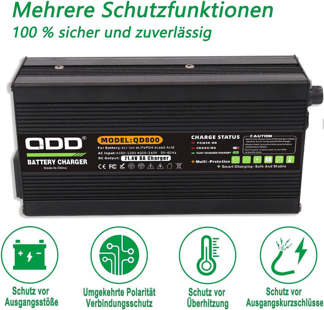 QDD 71,4 V 8 A Ladegerät 60 V Li-Ionen-Akkuladegerät Schwarzes Aluminiumgehäuse DC-Ausgang C13 N+L-A